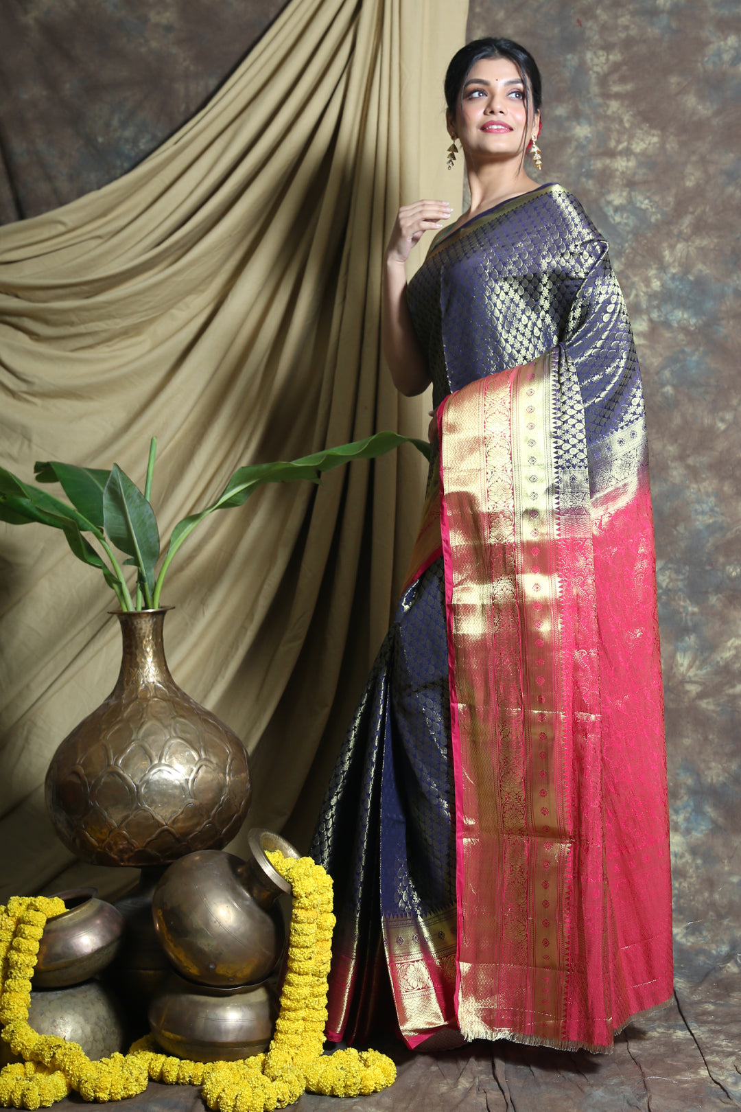 Navy Blue Brocade Banarasi Silk Saree freeshipping - Charukriti