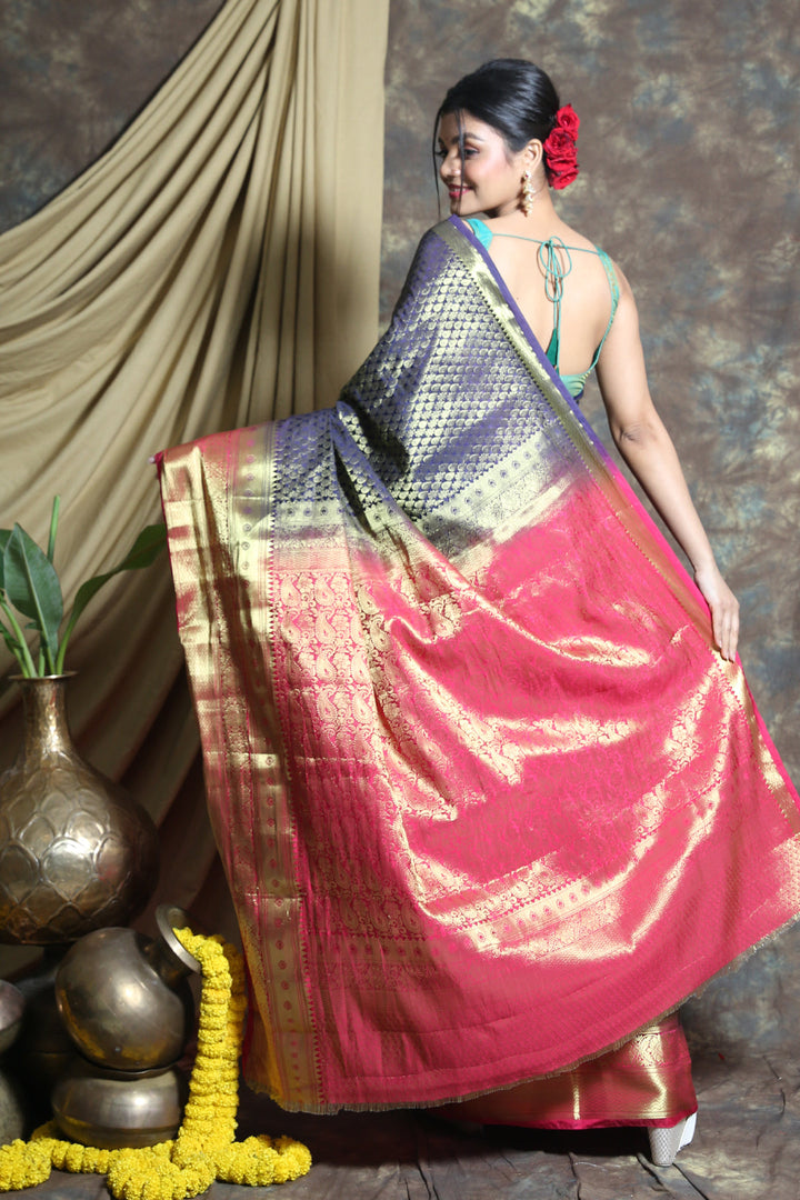 Navy Blue Brocade Banarasi Silk Saree freeshipping - Charukriti